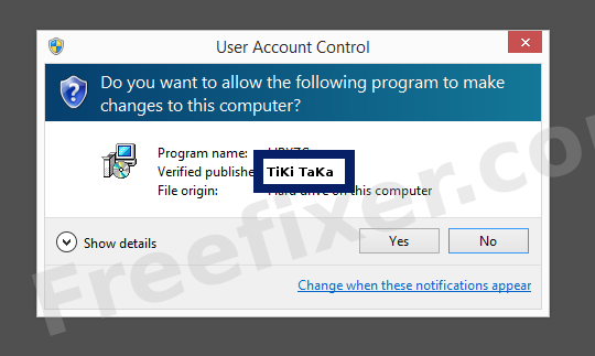 Screenshot where TiKi TaKa appears as the verified publisher in the UAC dialog